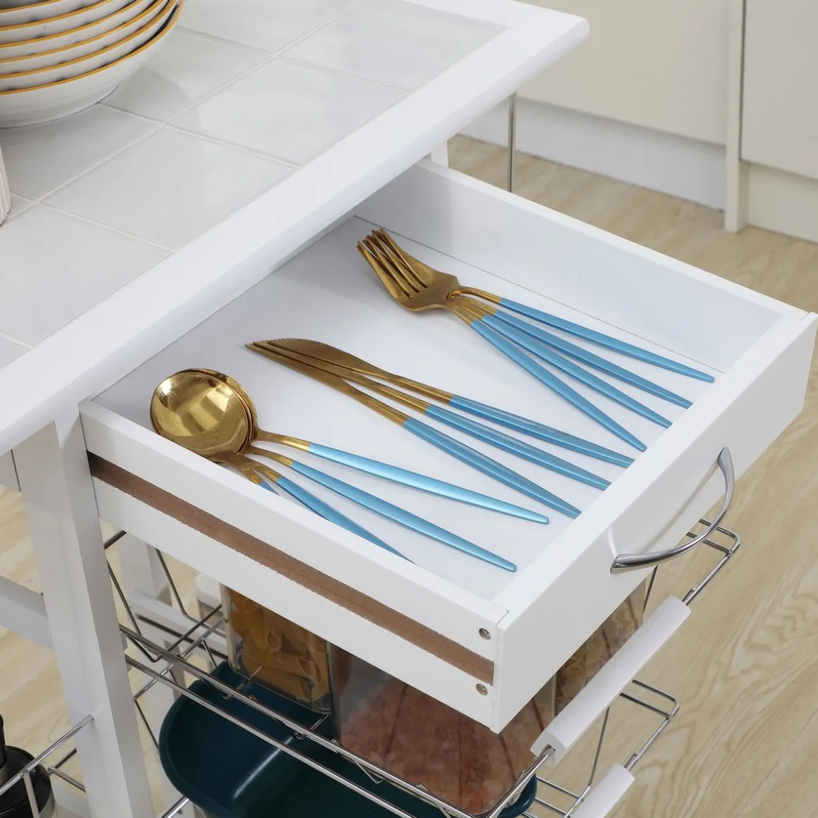 Carrito de cocina Pattay Homcom 4 niveles + cajón blanco 83x57x37 cm