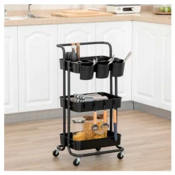 Carrito multifunción Homcom 3 niveles con ganchos negro 86,5x42x38 cm