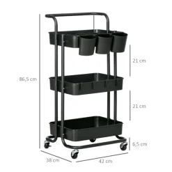 Carrito multifunción Homcom 3 niveles con ganchos negro 86,5x42x38 cm