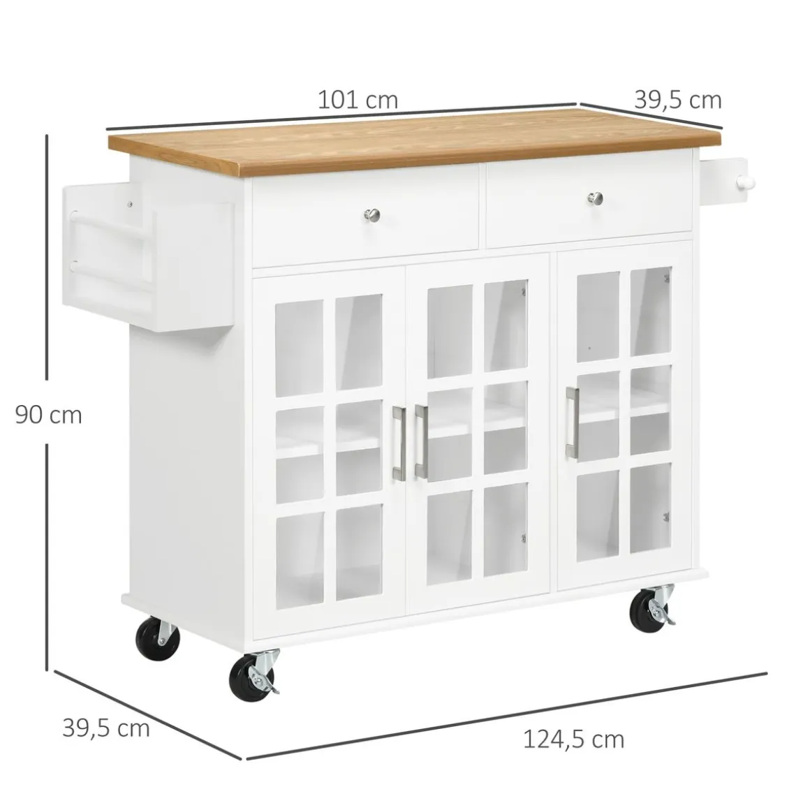 Carrito multiusos Homcom 2 cajones + 3 puertas blanco/natural 90x124,5x39,5 cm