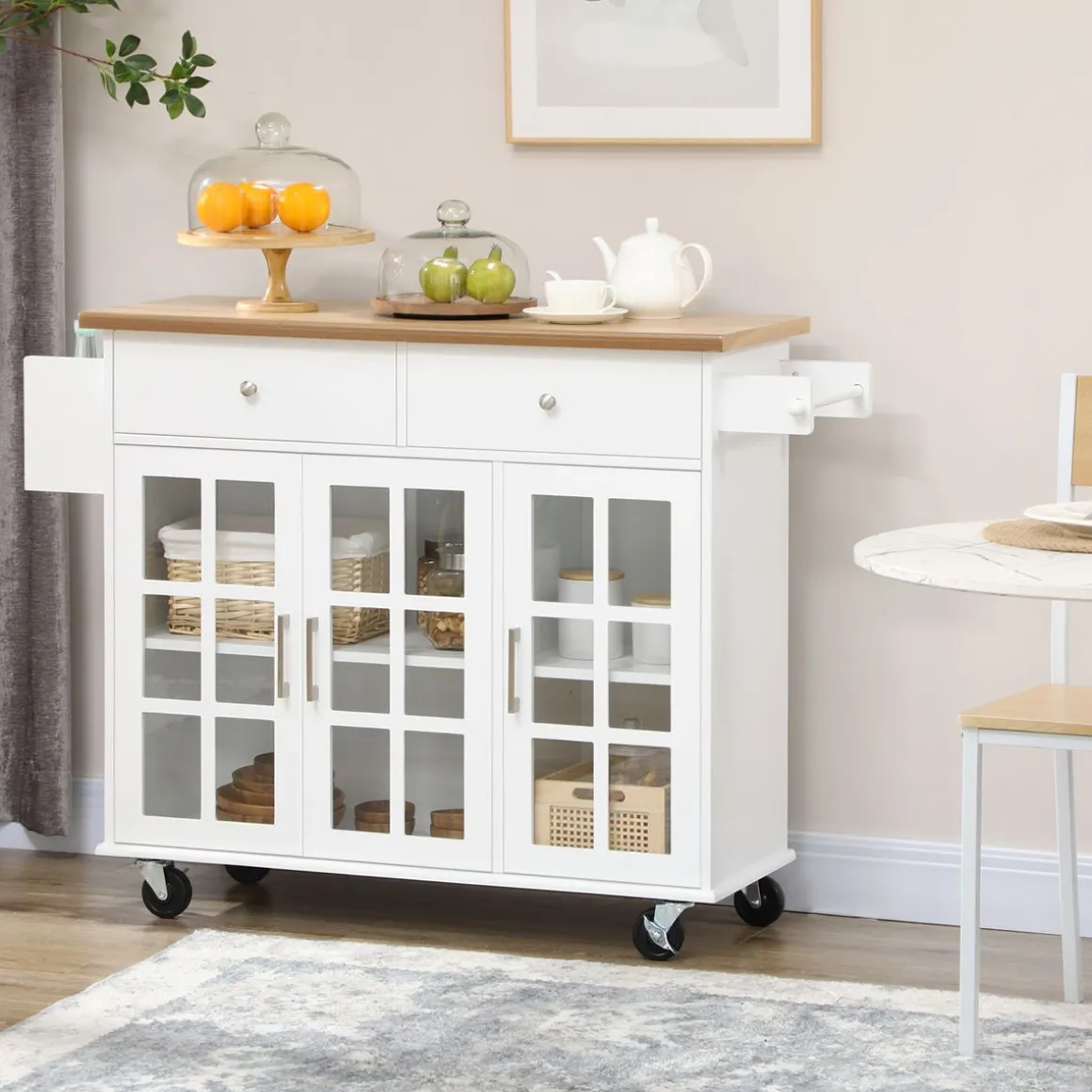 Carrito multiusos Homcom 2 cajones + 3 puertas blanco/natural 90x124,5x39,5 cm