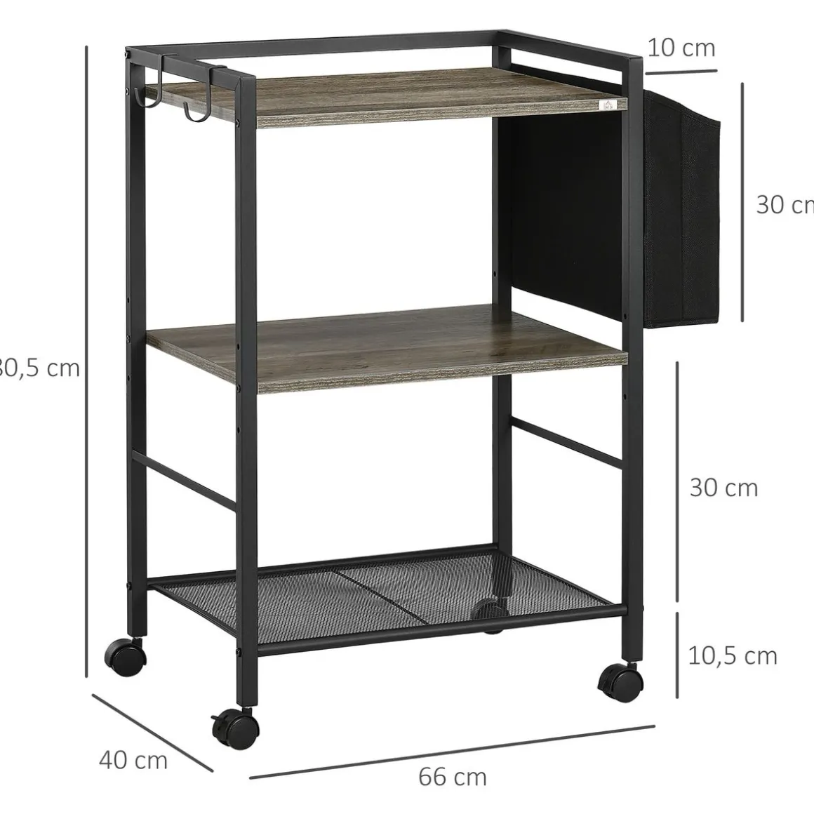 Carrito multiusos Terry Homcom 3 niveles + bolsa de tela con ruedas gris 80,5x66x40 cm