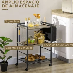Carrito multiusos Terry Homcom 3 niveles + bolsa de tela con ruedas gris 80,5x66x40 cm