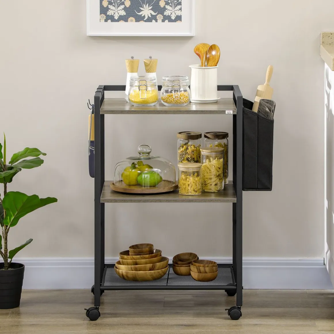 Carrito multiusos Terry Homcom 3 niveles + bolsa de tela con ruedas gris 80,5x66x40 cm