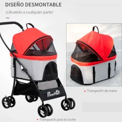 Carrito para mascotas PawHut 3 en 1 con cesta plegable 98x49,5x82 cm