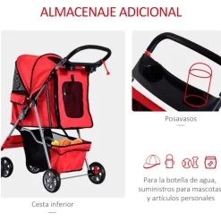 Carrito PawHut para mascotas plegable con toldo 97x45x75 cm