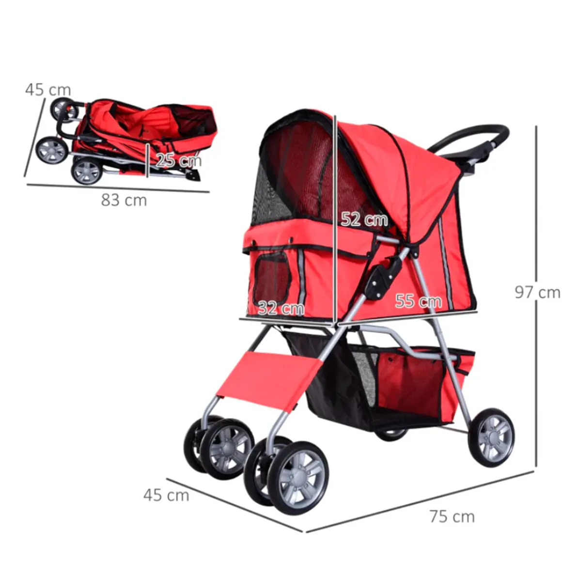 Carrito PawHut para mascotas plegable con toldo 97x45x75 cm