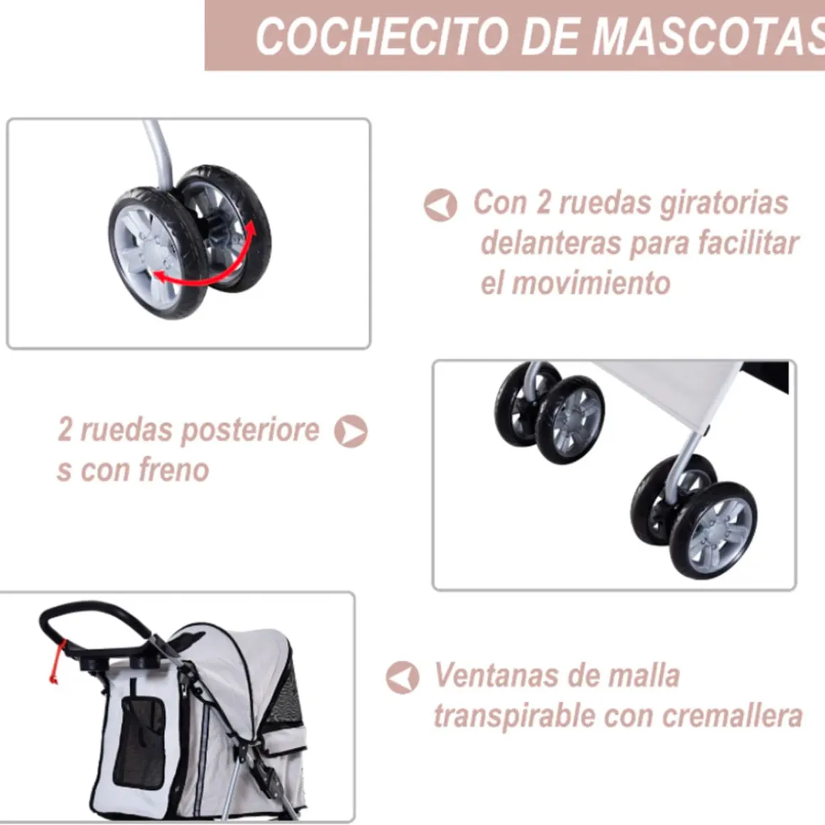 Carrito PawHut para mascotas plegable con toldo 97x45x75 cm