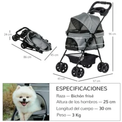 Carrito PawHut para mascotas plegable con toldo gris 96x45x67 cm