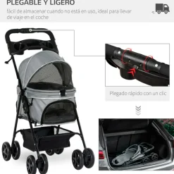 Carrito PawHut para mascotas plegable con toldo gris 96x45x67 cm
