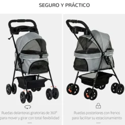 Carrito PawHut para mascotas plegable con toldo gris 96x45x67 cm