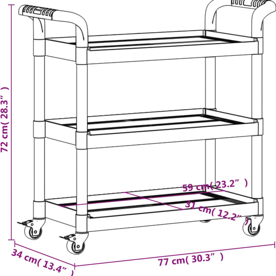 Carrito Watutu 3 niveles aluminio 72x77x34 cm