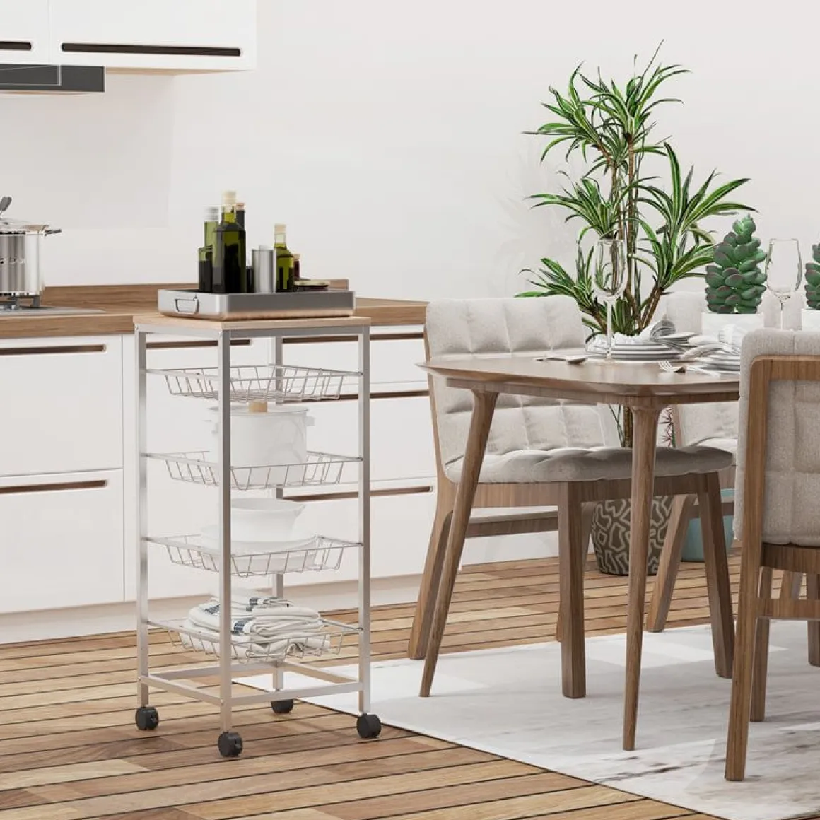 Carro auxiliar de cocina Homcom 5 niveles con ruedas inox/natural 89x36,5x36,5 cm