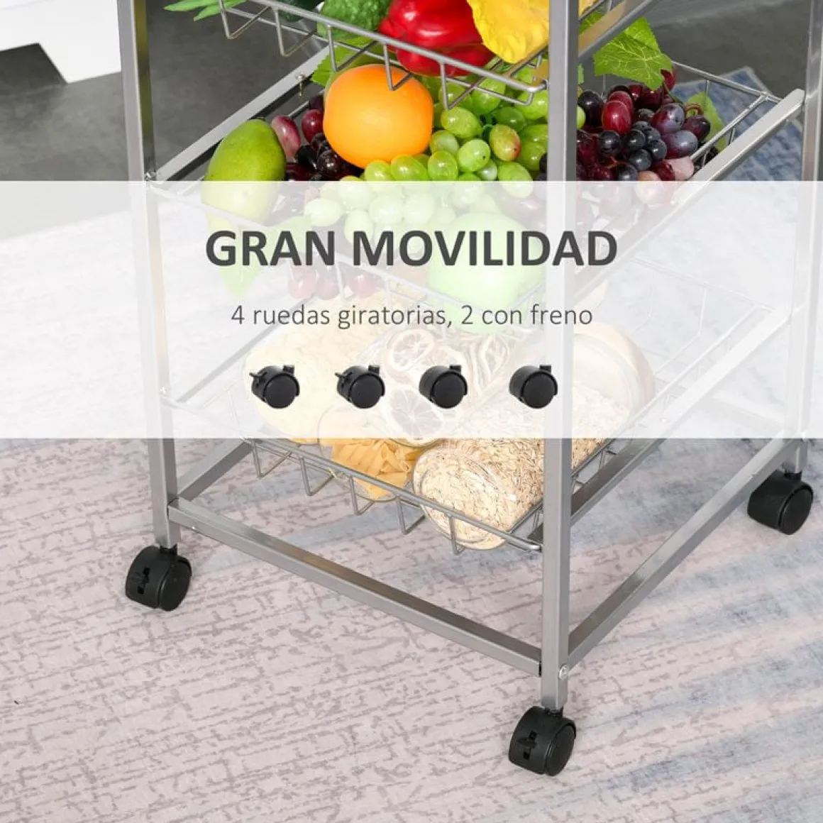 Carro auxiliar de cocina Homcom 5 niveles con ruedas inox/natural 89x36,5x36,5 cm