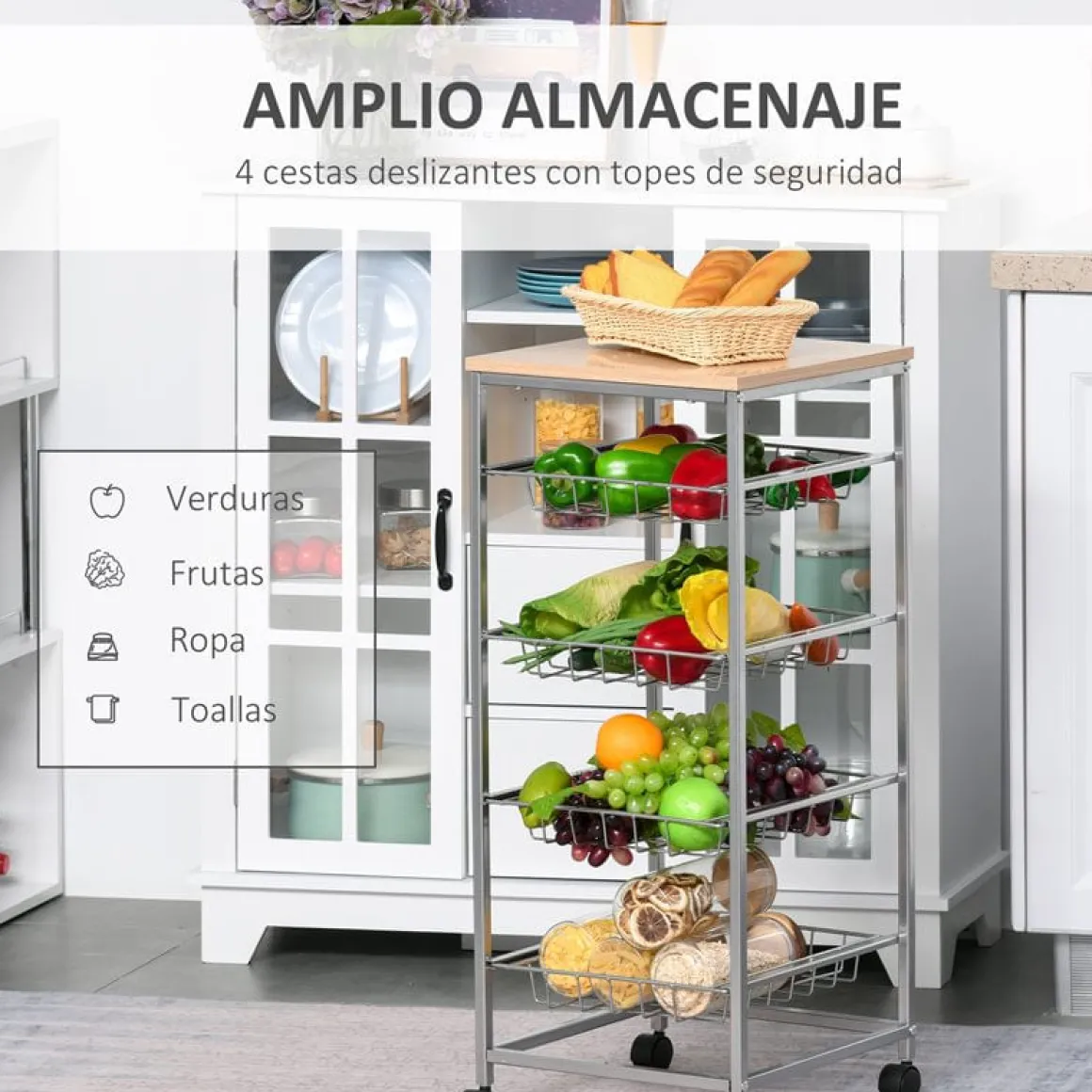 Carro auxiliar de cocina Homcom 5 niveles con ruedas inox/natural 89x36,5x36,5 cm