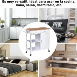 Carro auxiliar de cocina Homcom con ruedas giratorias blanco/natural 86x88,5x40 cm