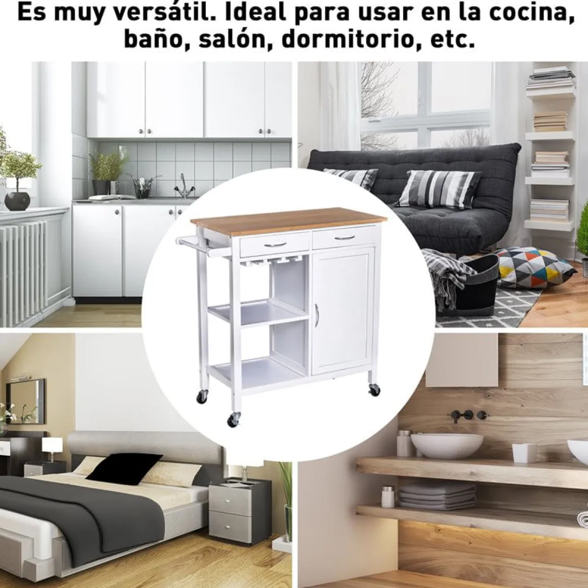 Carro auxiliar de cocina Homcom con ruedas giratorias blanco/natural 86x88,5x40 cm