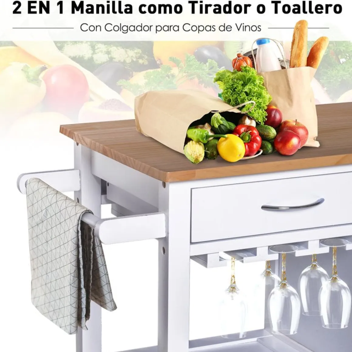 Carro auxiliar de cocina Homcom con ruedas giratorias blanco/natural 86x88,5x40 cm