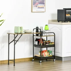 Carro auxiliar Kute Homcom estantes + ruedas + hoja abatible marrón oscuro 82x118x36,5 cm