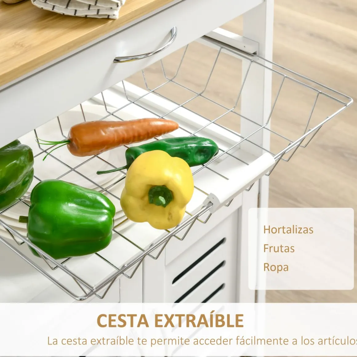 Carro de cocina Vorona Homcom con ruedas blanco/natural 83x58x37 cm
