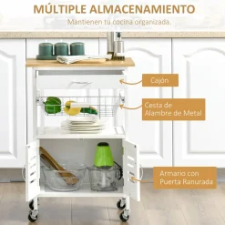 Carro de cocina Vorona Homcom con ruedas blanco/natural 83x58x37 cm