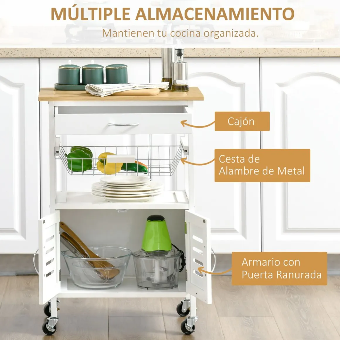 Carro de cocina Vorona Homcom con ruedas blanco/natural 83x58x37 cm