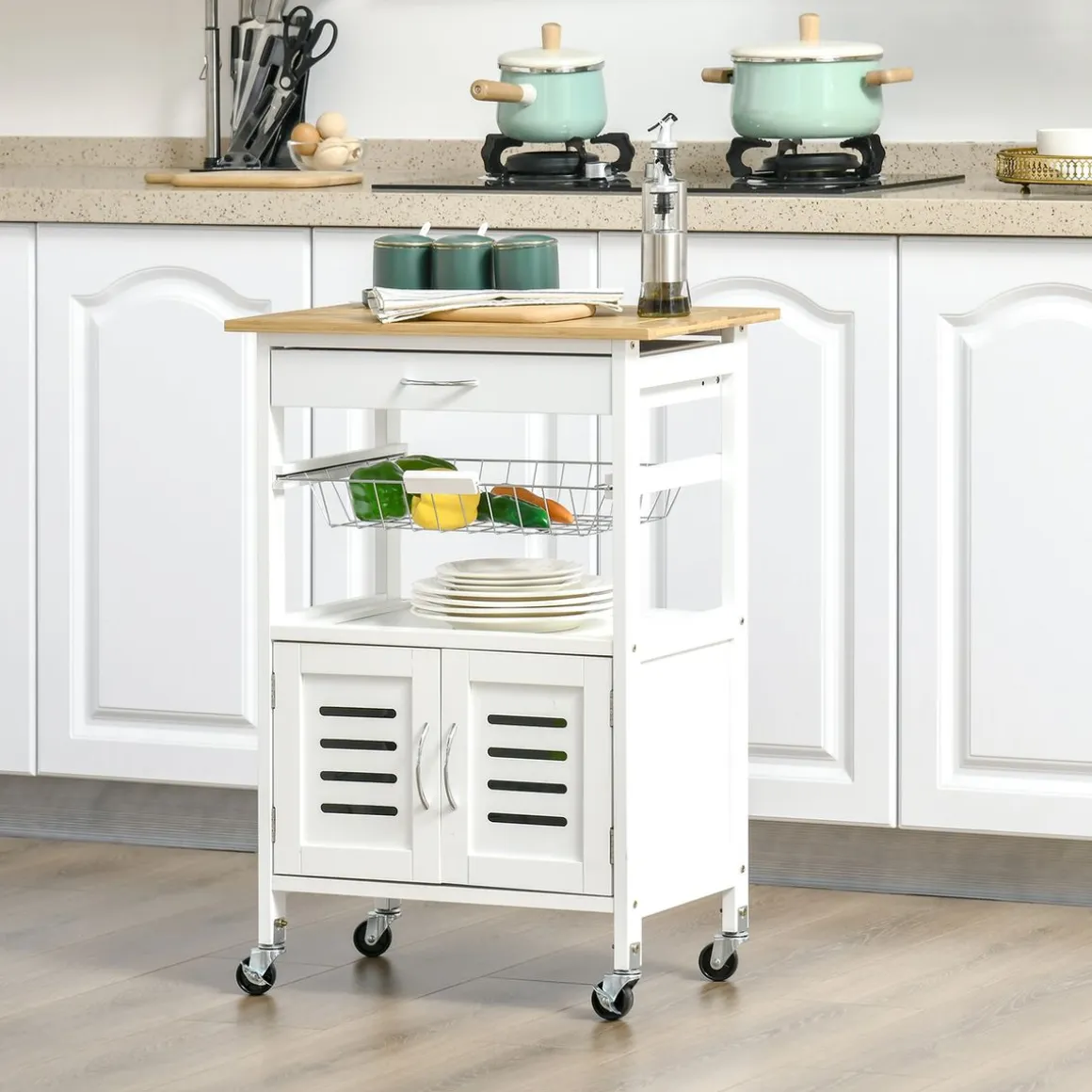 Carro de cocina Vorona Homcom con ruedas blanco/natural 83x58x37 cm