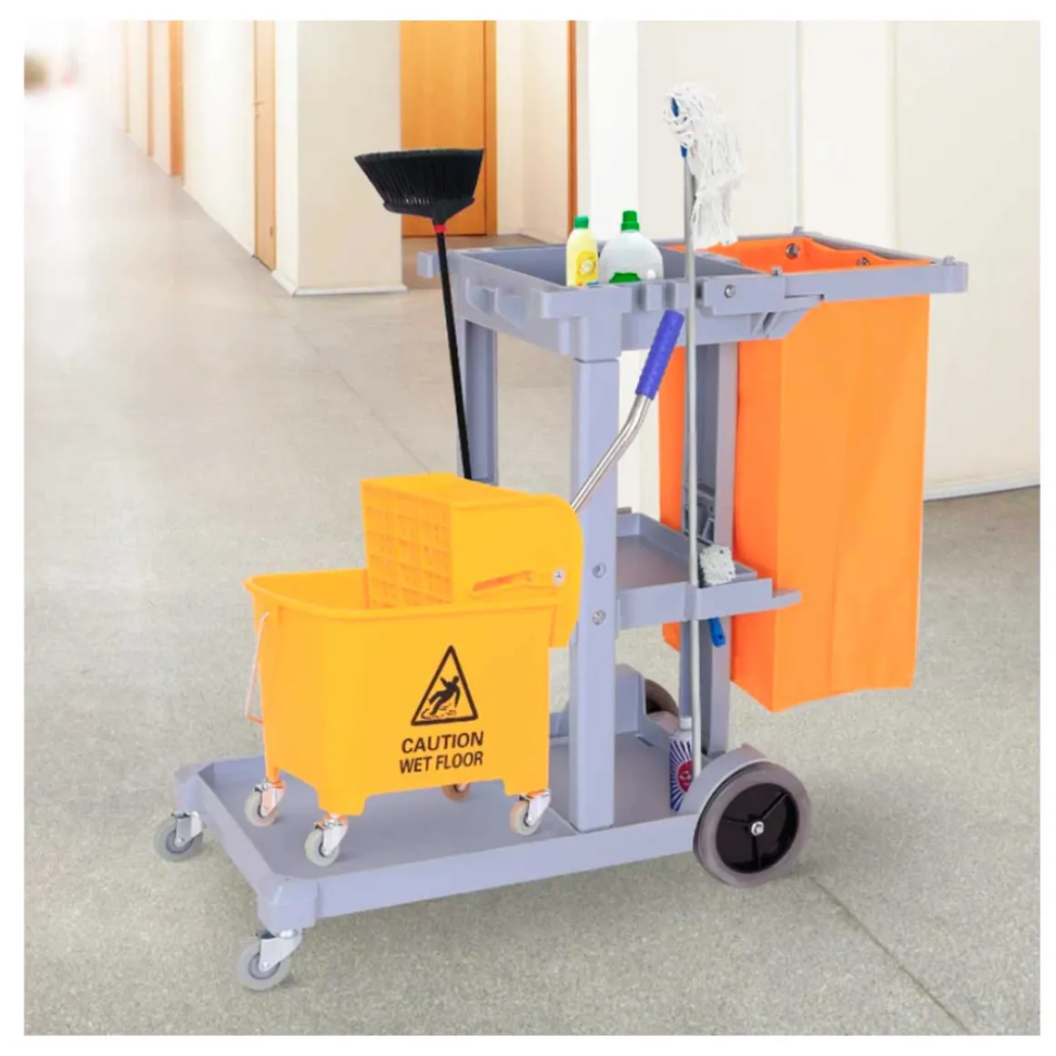 Carro de limpieza profesional Homcom 100L 3 bandejas gris/naranja 96,5x50,5x113 cm