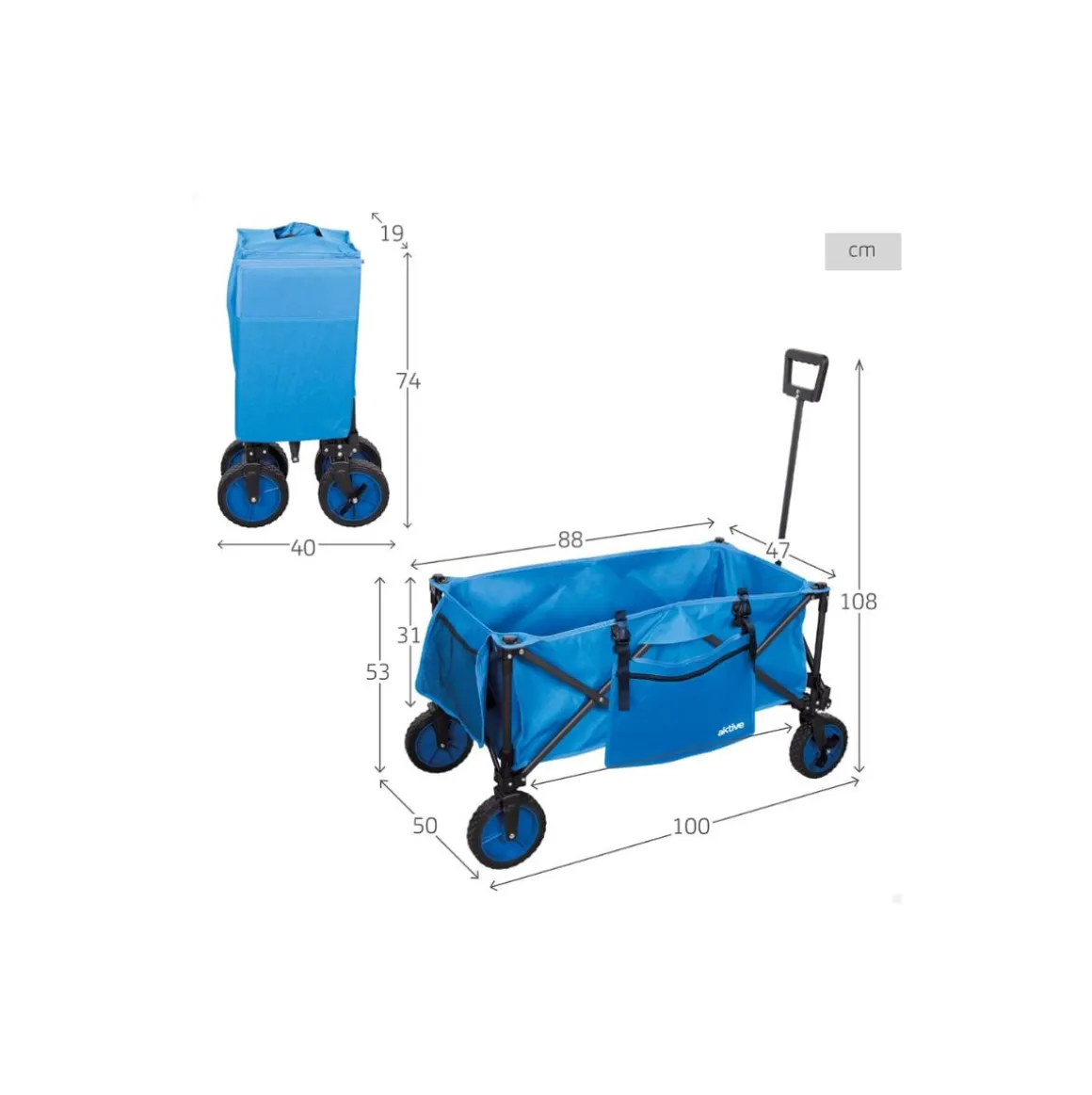 Carro de playa Aktive diseño plegable + ruedas azul 53-108x88x47 cm