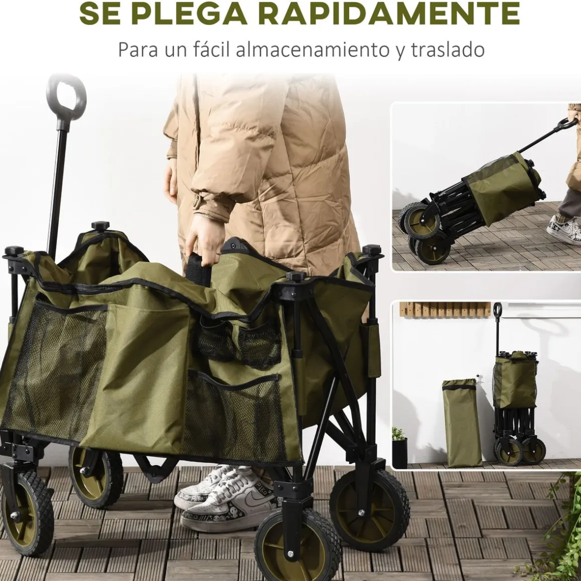 Carro multifuncional Bob Outsunny 100kg mango plegable + bolsillos verde 93x108x55 cm