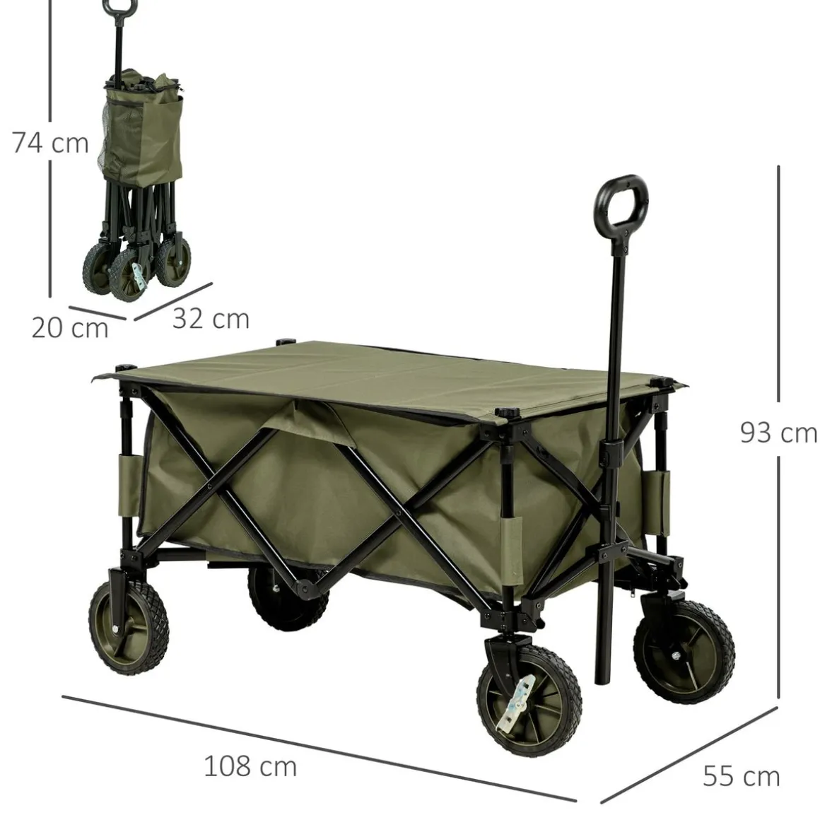 Carro multifuncional Bob Outsunny 100kg mango plegable + bolsillos verde 93x108x55 cm