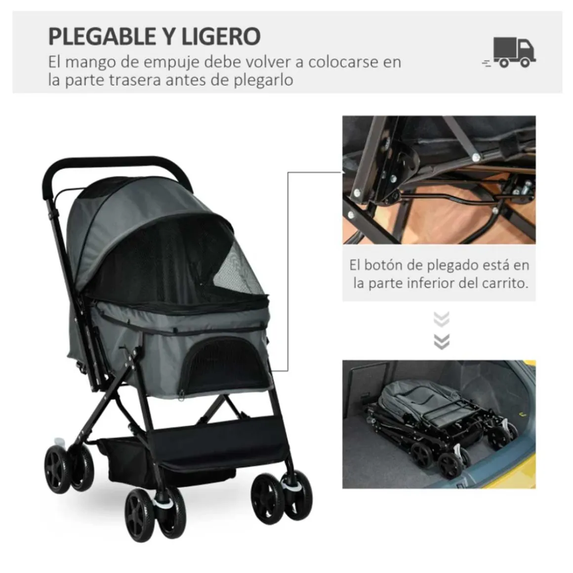 Carro para mascotas PawHut con toldo ajustable + cesta gris 95x52x76,5 cm