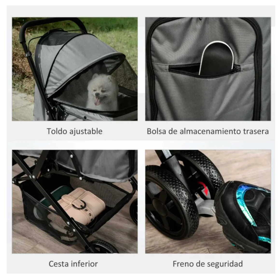 Carro para mascotas PawHut con toldo ajustable + cesta gris 95x52x76,5 cm