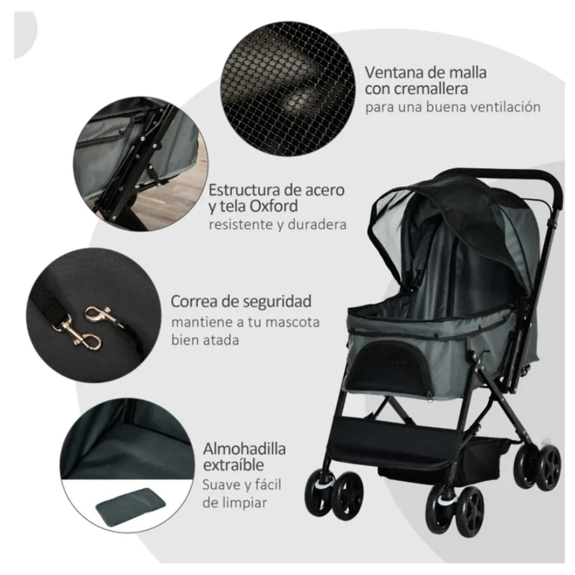 Carro para mascotas PawHut con toldo ajustable + cesta gris 95x52x76,5 cm