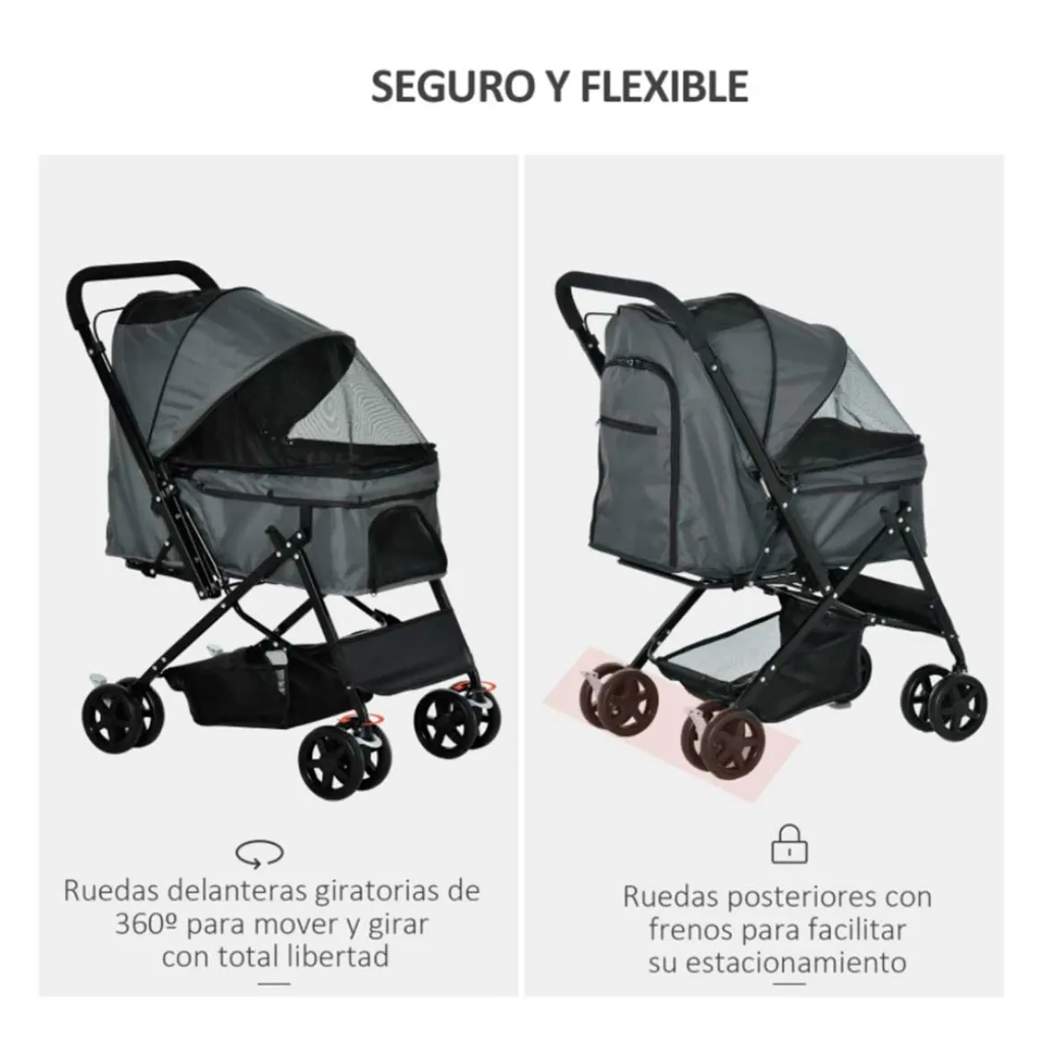 Carro para mascotas PawHut con toldo ajustable + cesta gris 95x52x76,5 cm