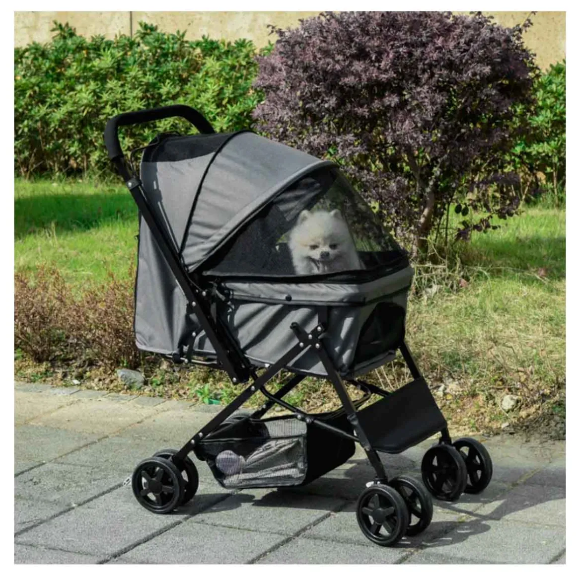 Carro para mascotas PawHut con toldo ajustable + cesta gris 95x52x76,5 cm