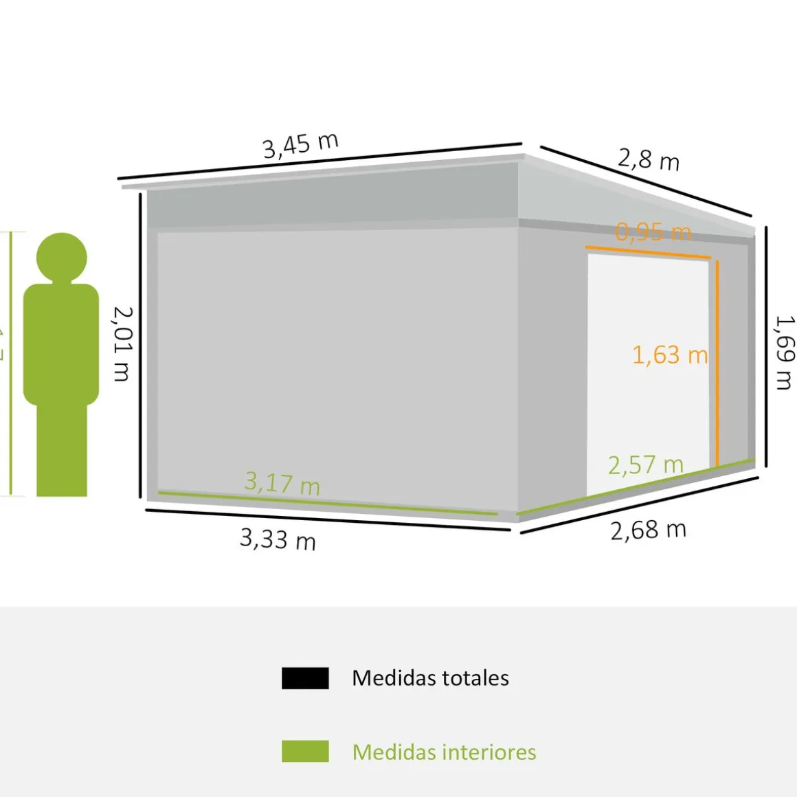Caseta de jardín Boston Outsunny doble puerta corredera gris 201x280x345 cm