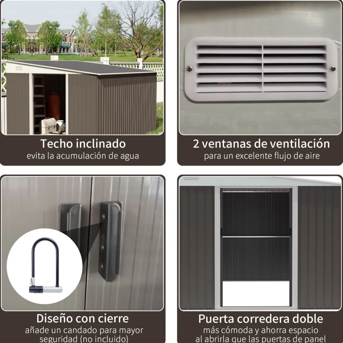 Caseta de jardín Boston Outsunny doble puerta corredera gris 201x280x345 cm