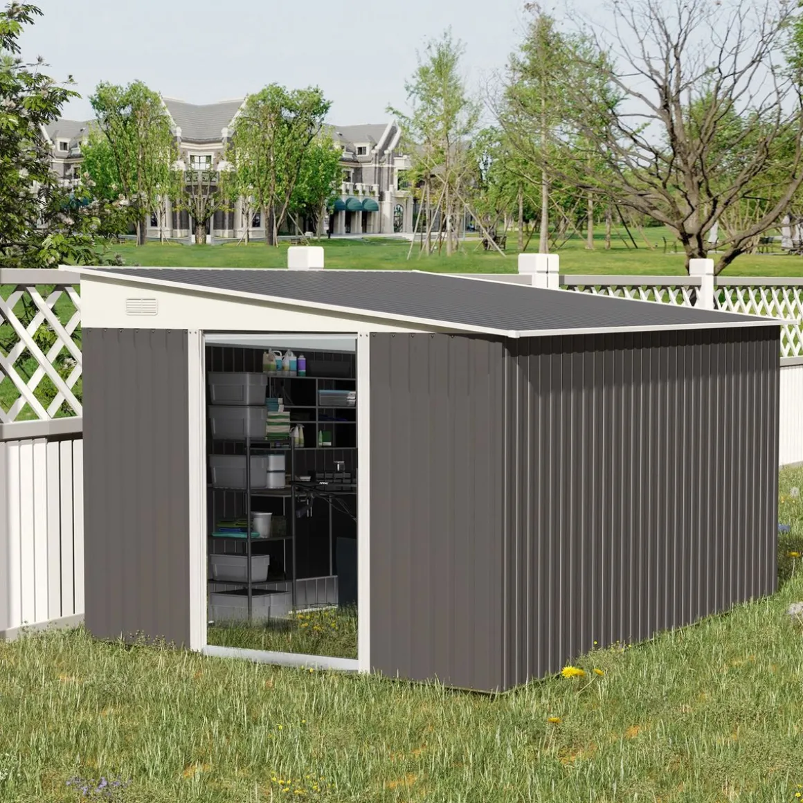 Caseta de jardín Boston Outsunny doble puerta corredera gris 201x280x345 cm
