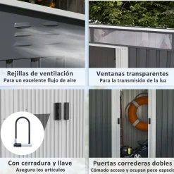 Caseta de jardín Coco Outsunny puertas correderas + ventana gris oscuro 160-181,5x195x122 cm