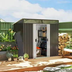 Caseta de jardín Coco Outsunny puertas correderas + ventana gris oscuro 160-181,5x195x122 cm