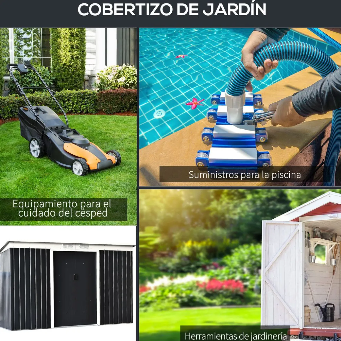 Caseta de jardín Darío Outsunny puertas correderas + ventilación negro 158-172x280x130 cm