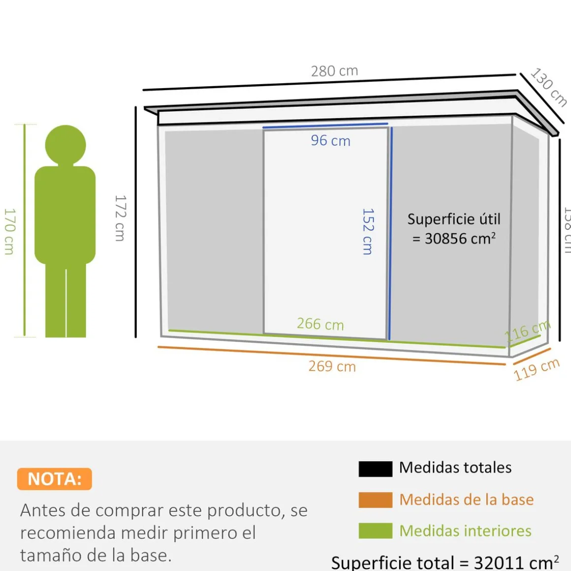 Caseta de jardín Darío Outsunny puertas correderas + ventilación negro 158-172x280x130 cm