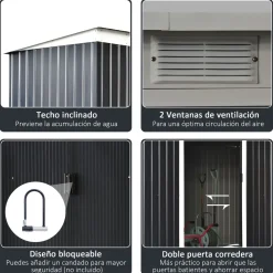 Caseta de jardín Darío Outsunny puertas correderas + ventilación negro 158-172x280x130 cm