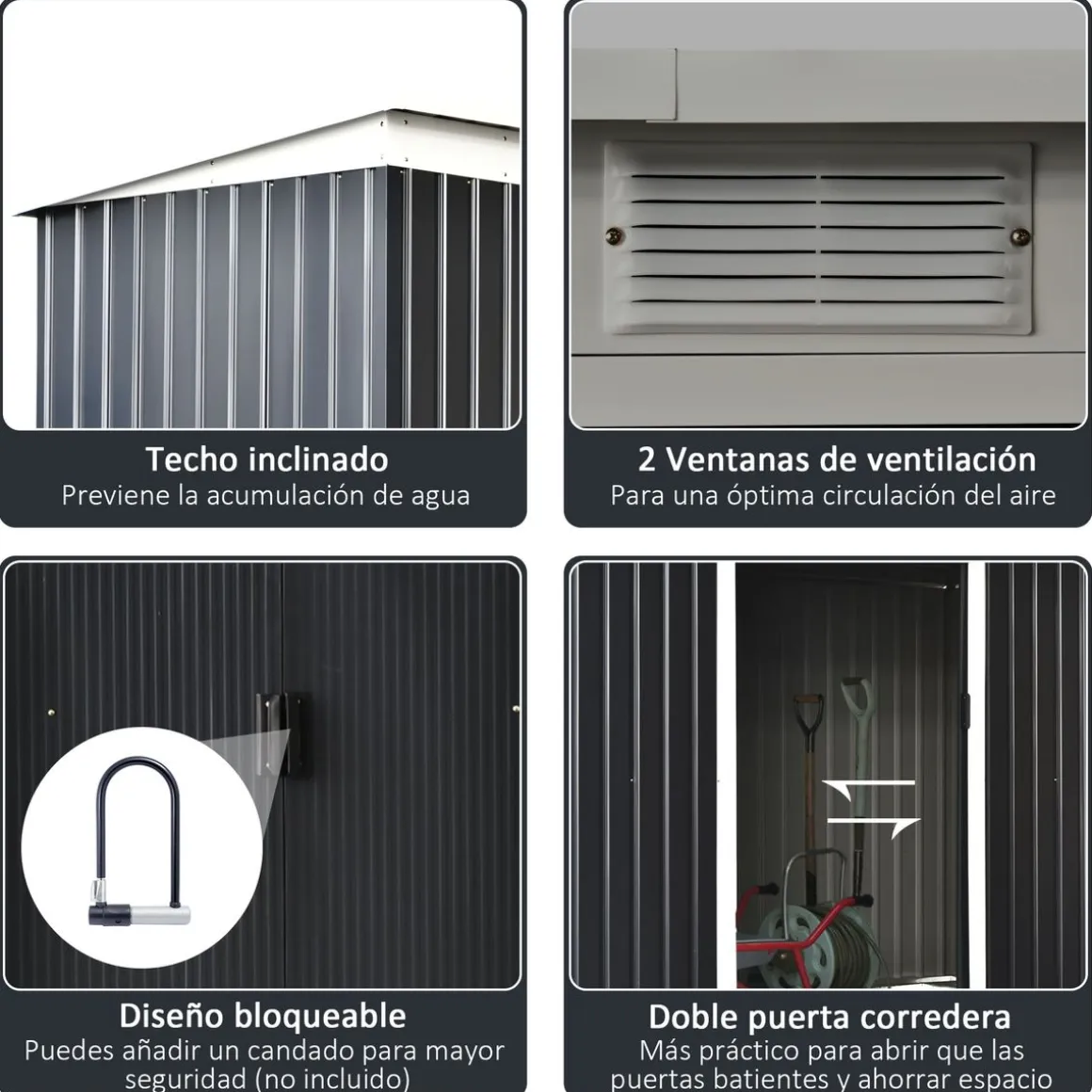 Caseta de jardín Darío Outsunny puertas correderas + ventilación negro 158-172x280x130 cm