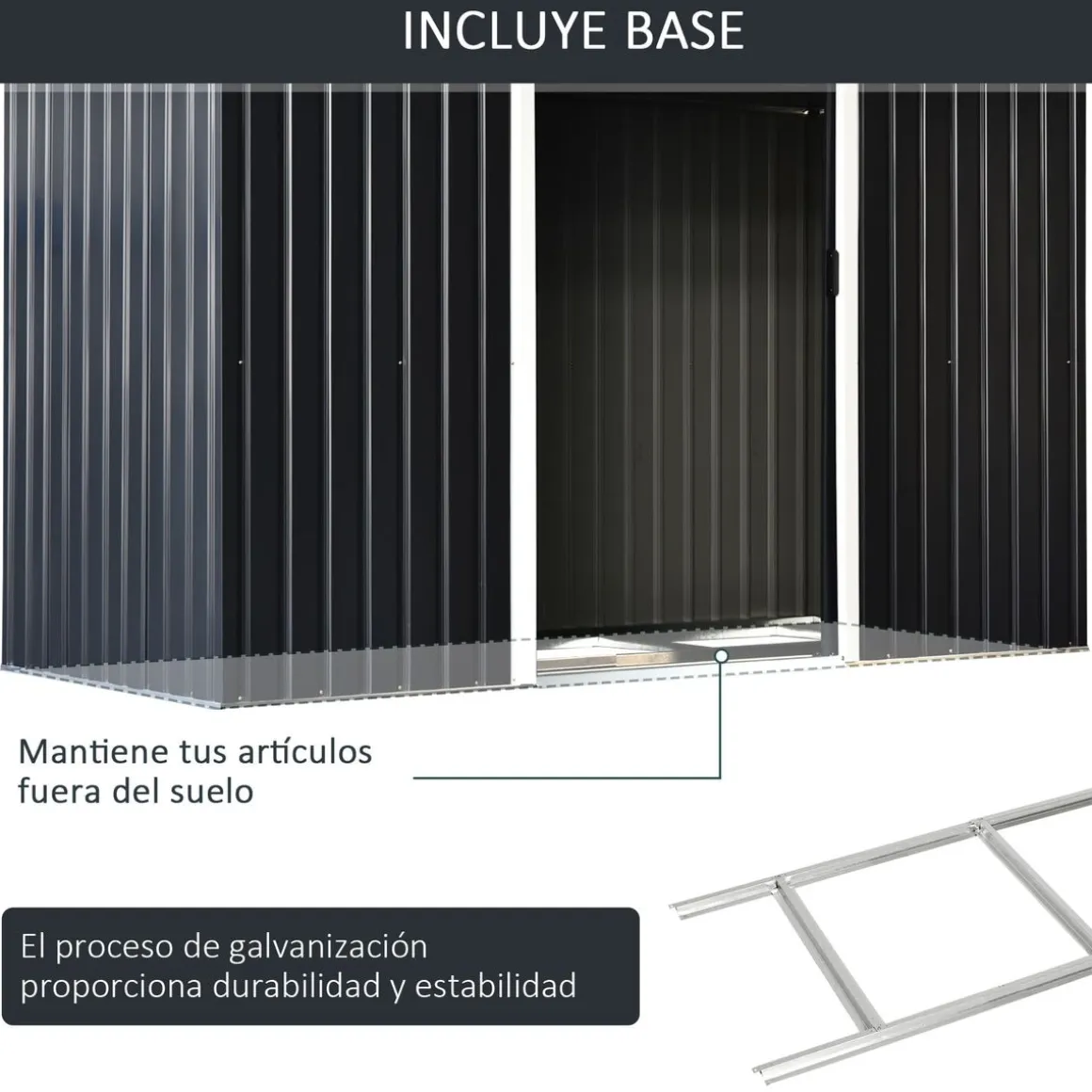Caseta de jardín Darío Outsunny puertas correderas + ventilación negro 158-172x280x130 cm