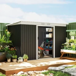 Caseta de jardín Darío Outsunny puertas correderas + ventilación negro 158-172x280x130 cm