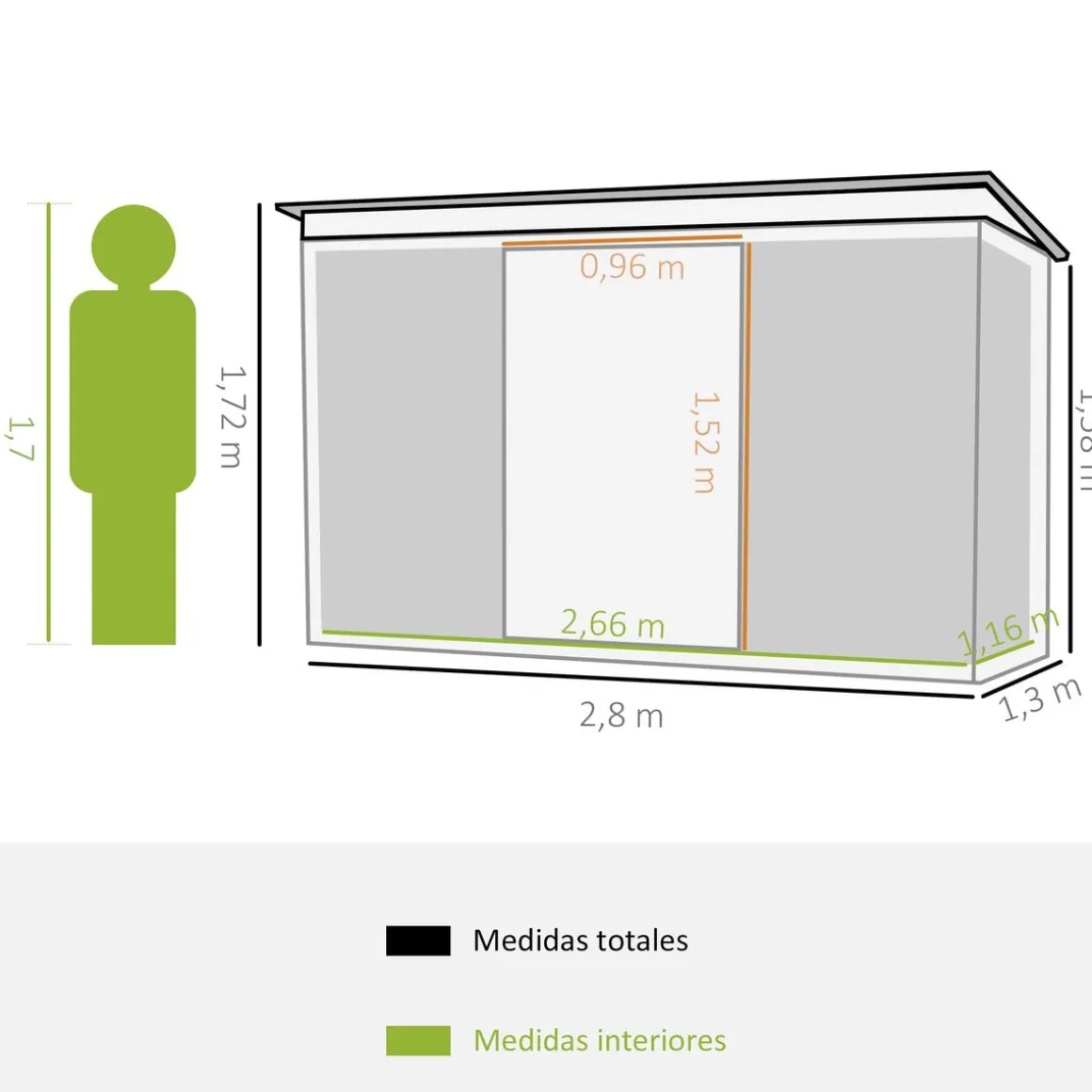 Caseta de jardín Diana Outsunny puertas correderas + ventilación verde 158-172x280x130 cm