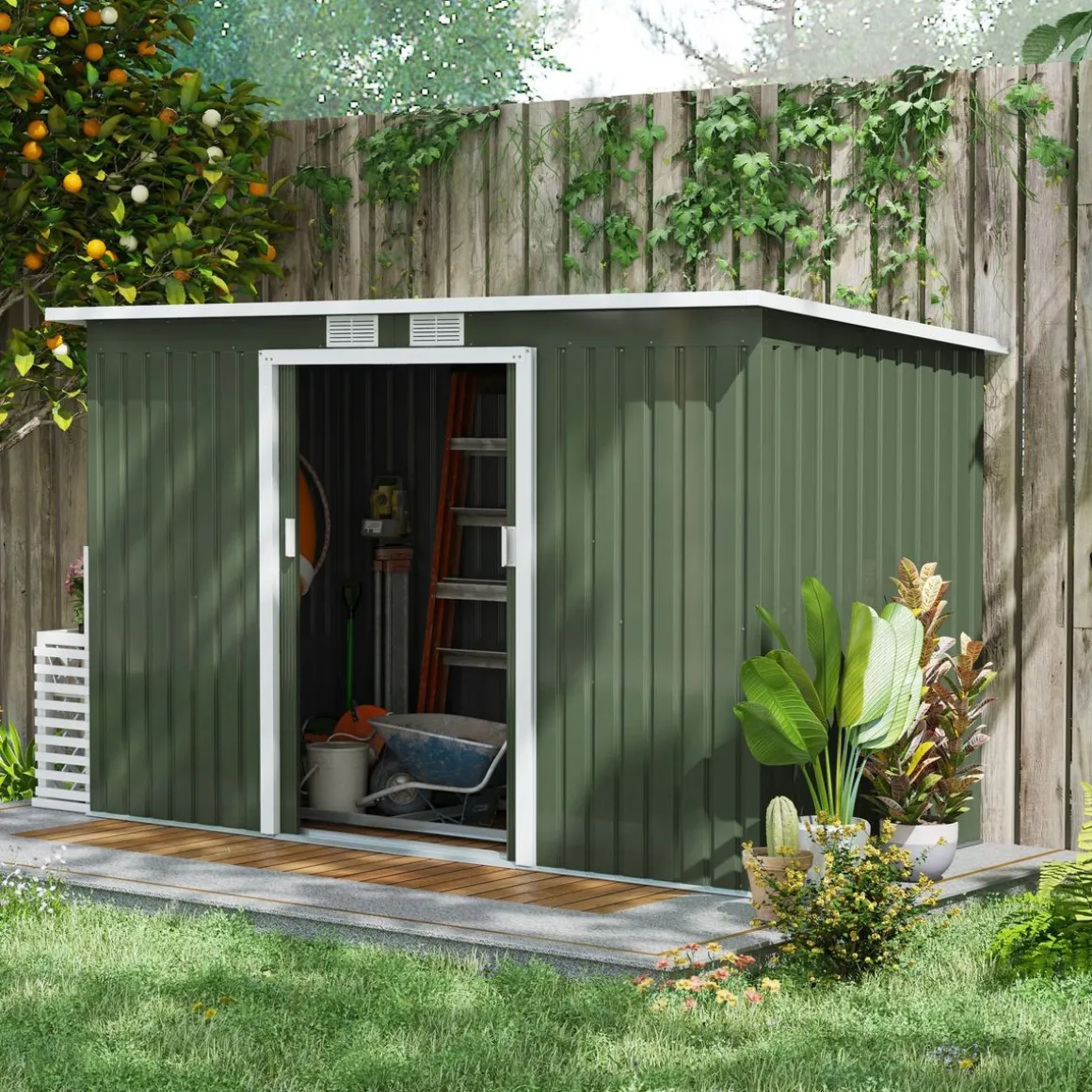 Caseta de jardín Diana Outsunny puertas correderas + ventilación verde 158-172x280x130 cm
