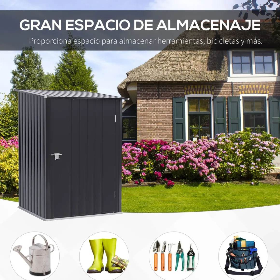 Caseta de jardín Toronto Outsunny puertas + ventilación + techo inclinado negro 160x100x103 cm